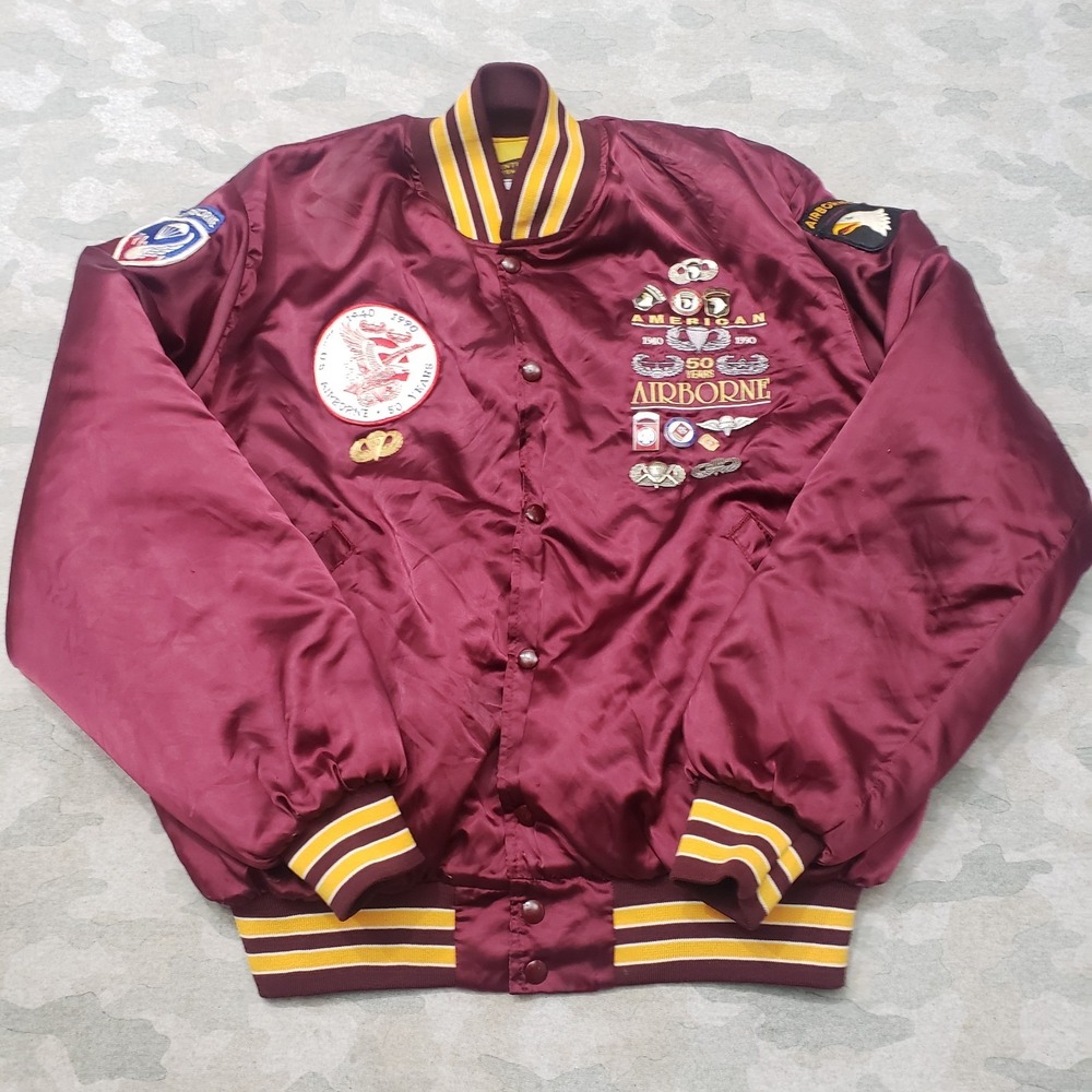 VTG Airborne American Satin Jacket Mens Large Red Snap Up Bomber Quarter Master